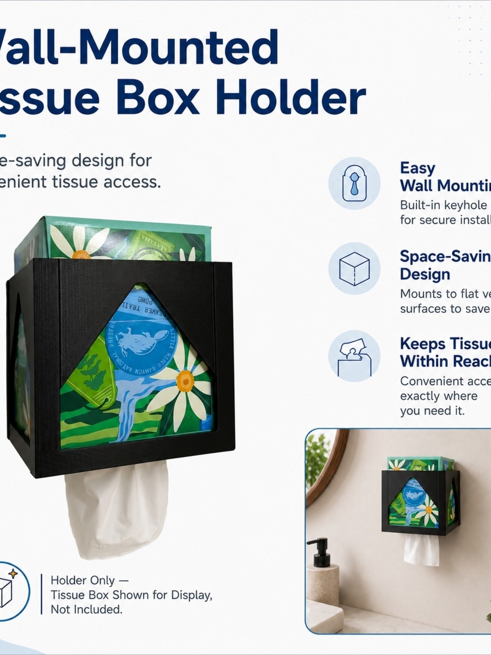 Cube Size Wall-Mounted Tissue Box Holder for Tissues 85 count